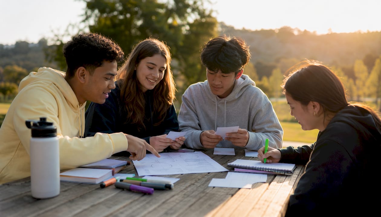 Pair of students using active revision techniques
