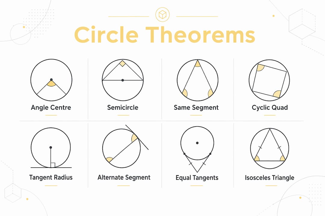 Infographic showcasing eight key circle theorems