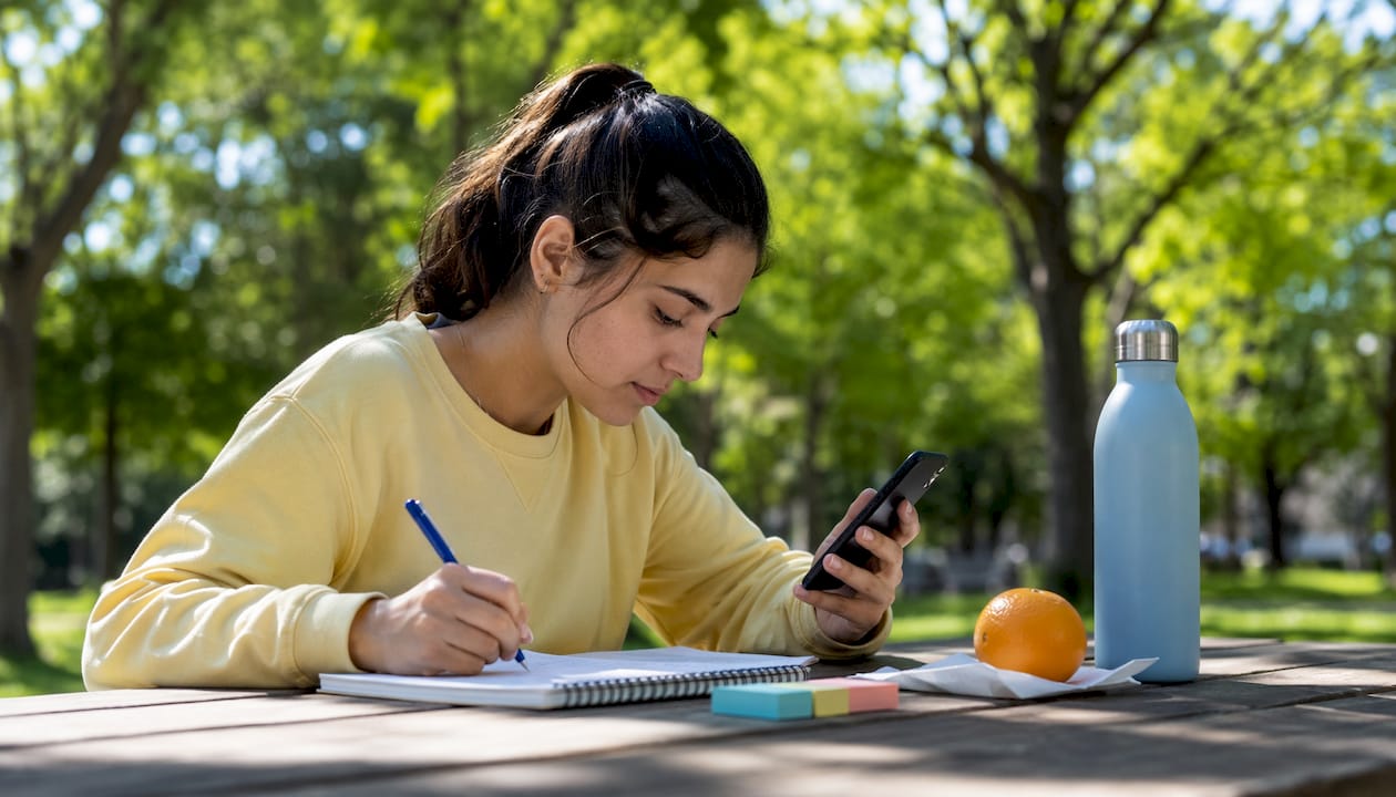 Student studying with BBC Bitesize app on smartphone in café