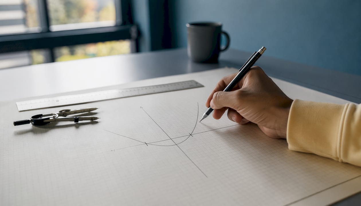 Side view of hand sketching quadratic parabola