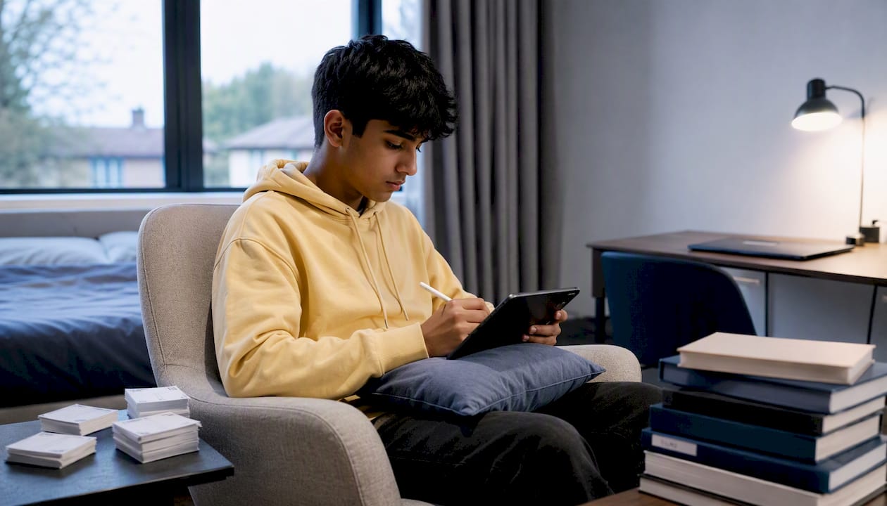 Teen boy using tablet for math revision in bedroom