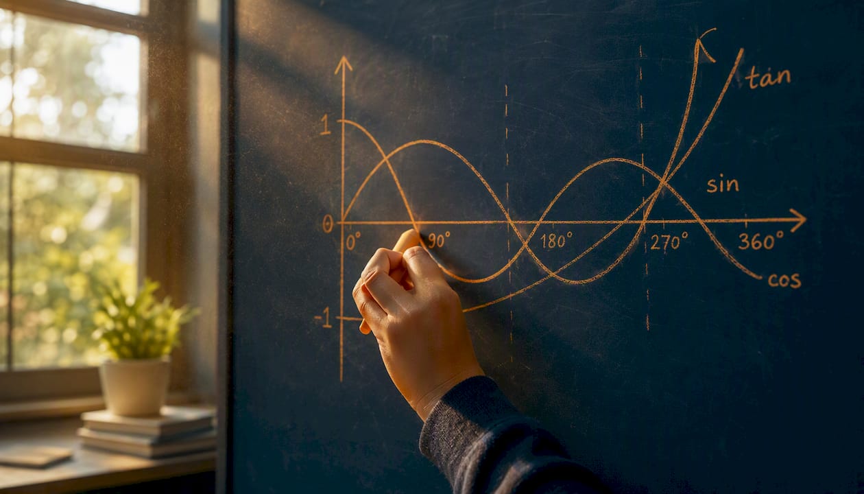Hand drawing trigonometric graphs on chalkboard