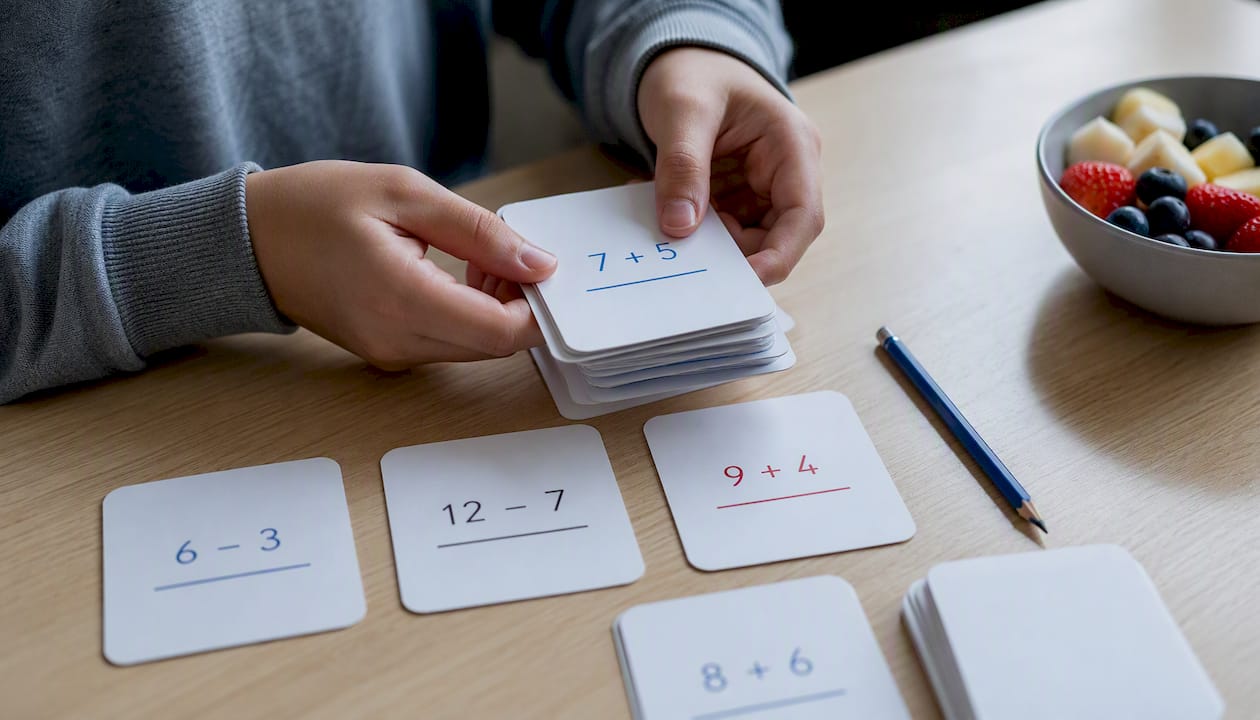 Hands arranging maths flashcards for revision