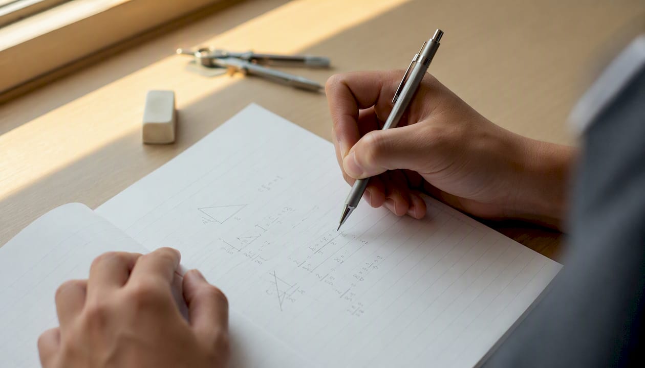 Hands writing method steps in maths exam