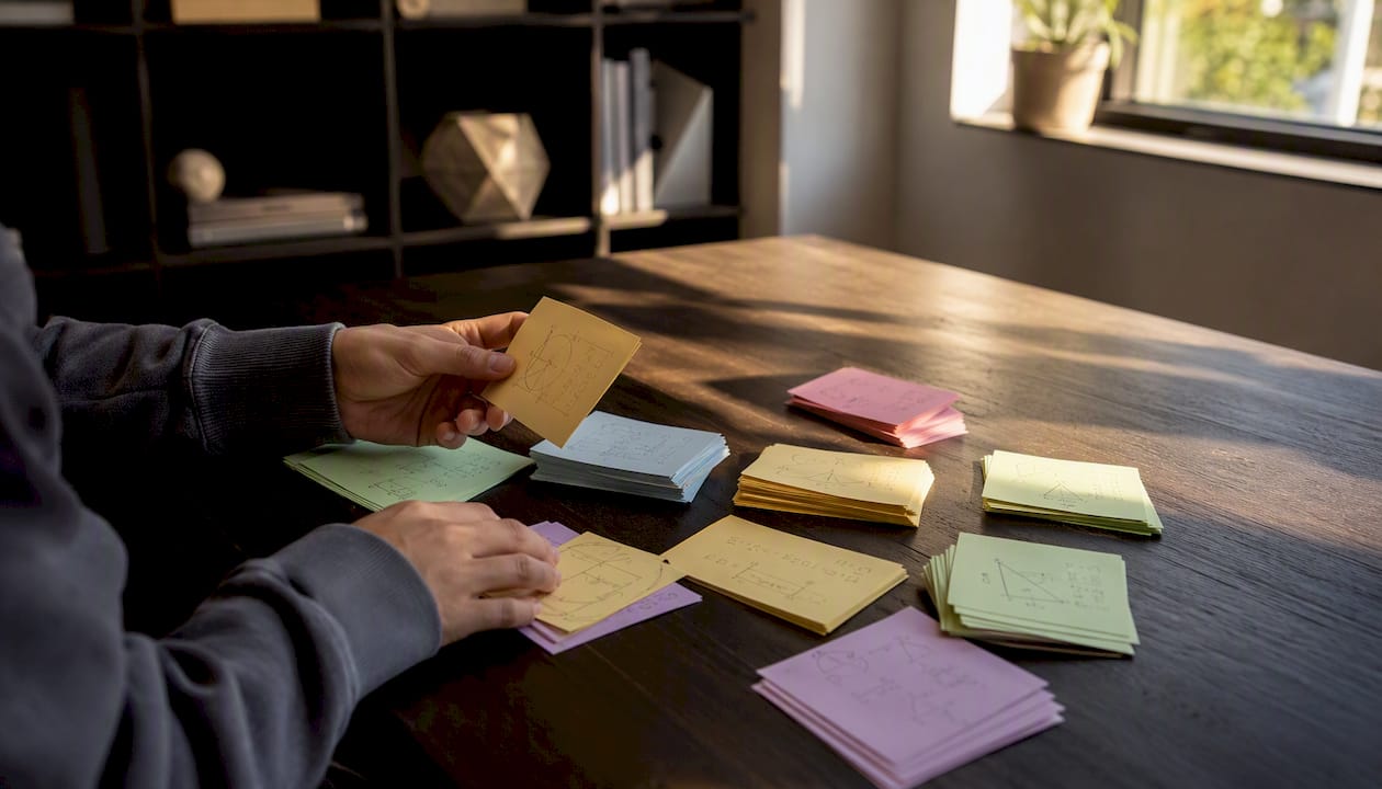 Hands arranging revision cards on desk