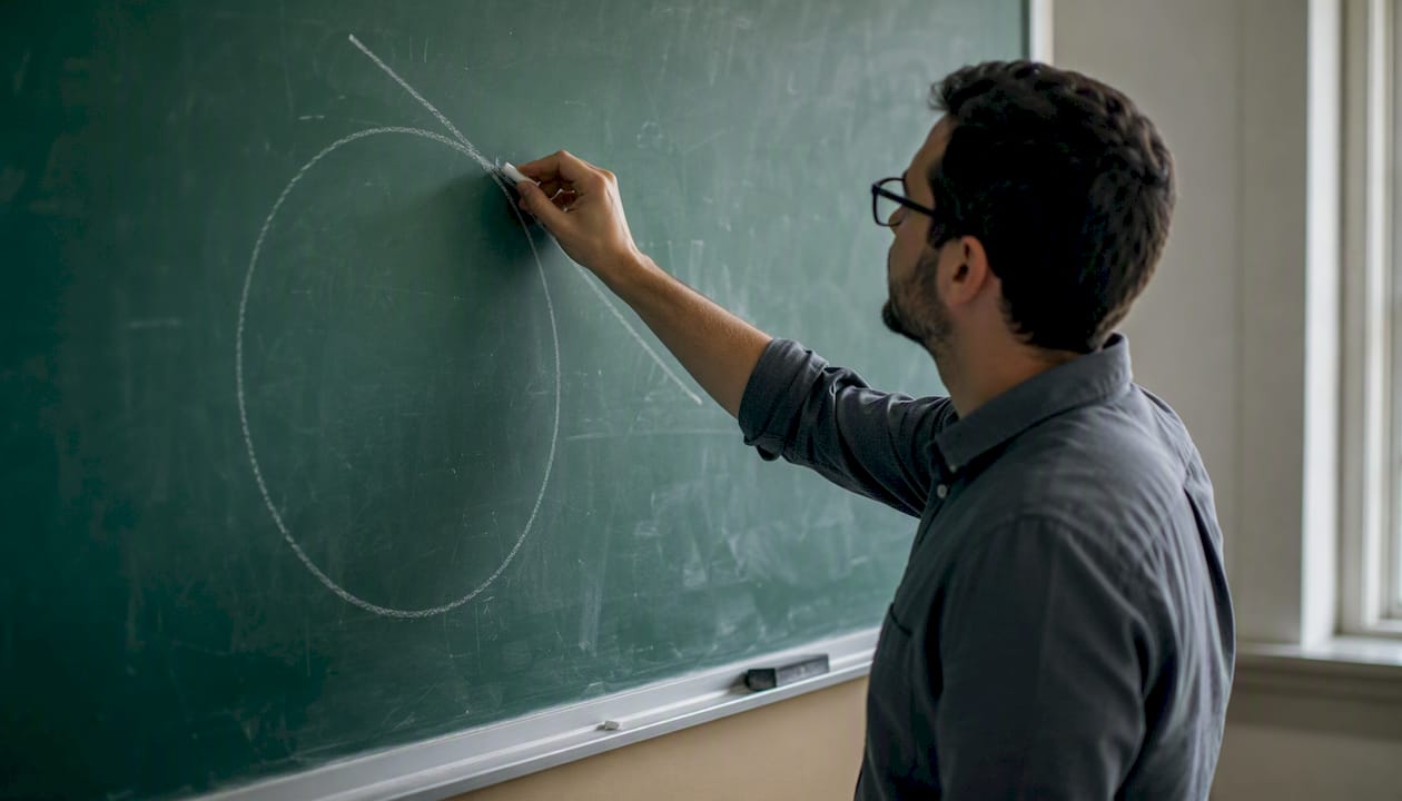 Chalkboard with circle and tangent line being drawn