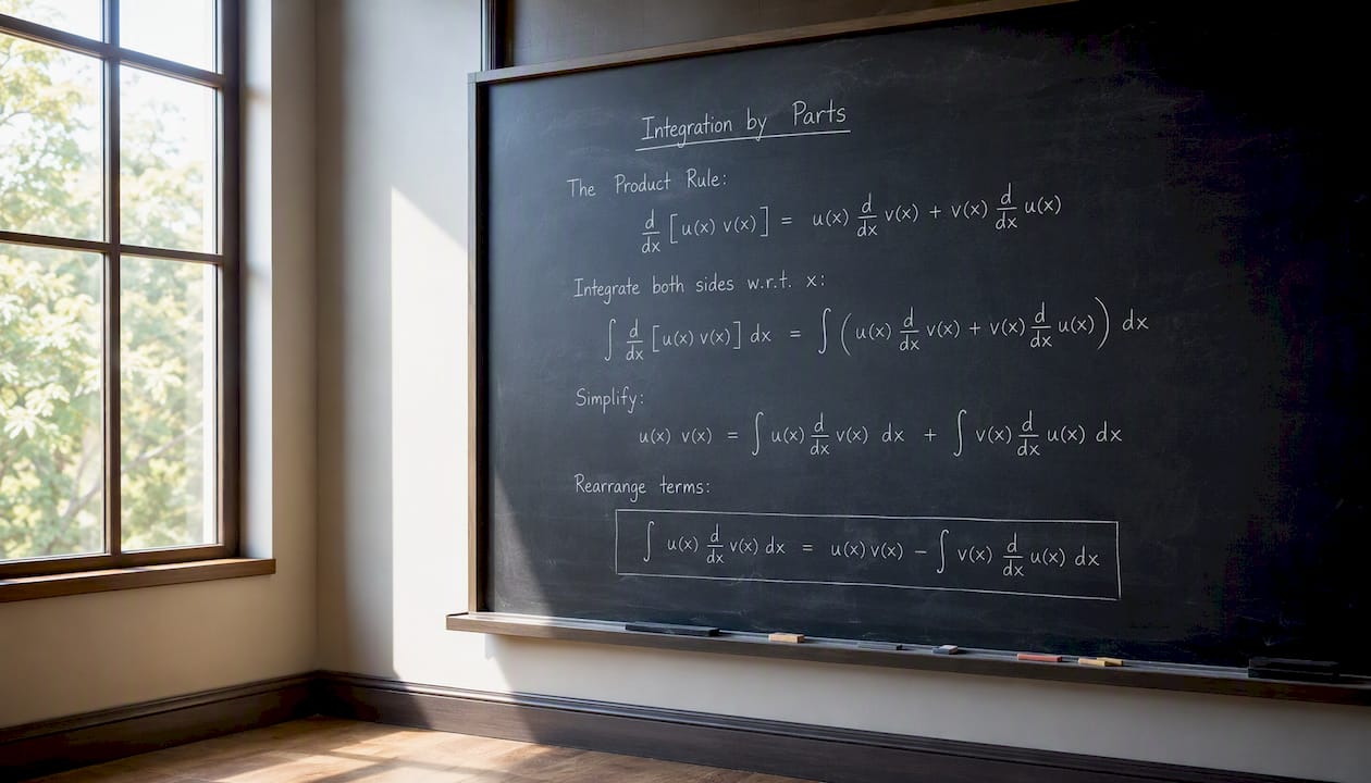 Chalkboard with integration by parts formula derivation