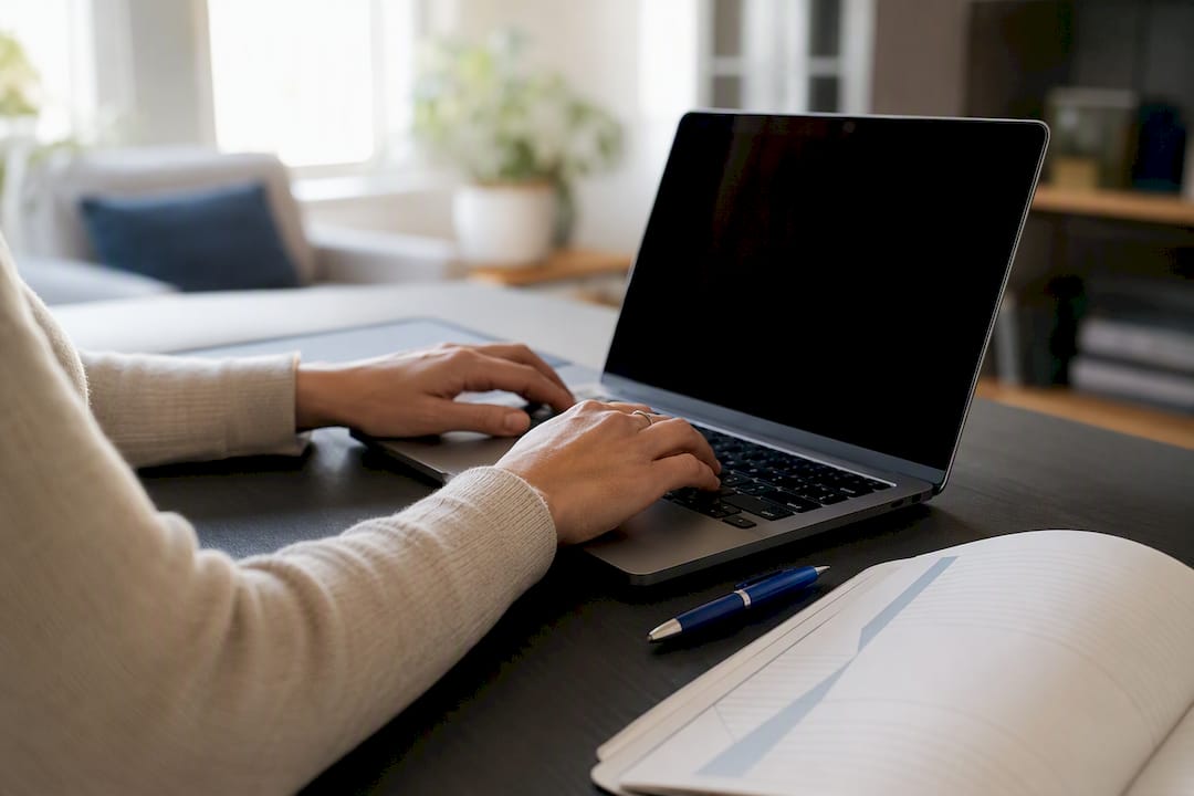 Hands typing on laptop keyboard in study