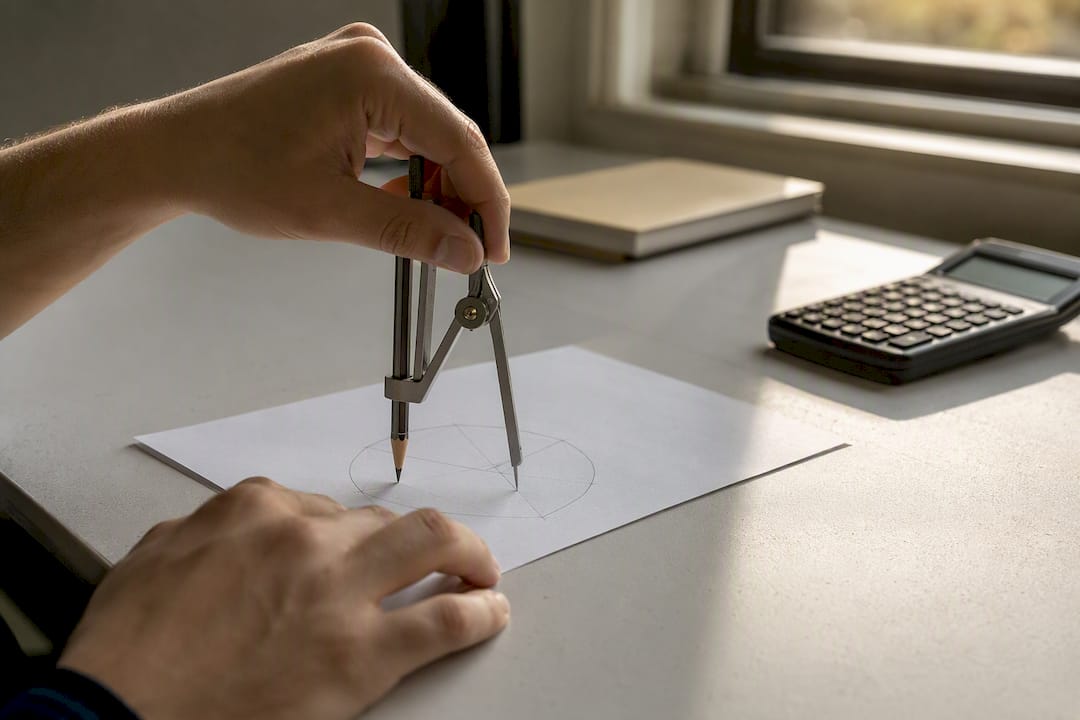Hands drawing geometry with compass and ruler