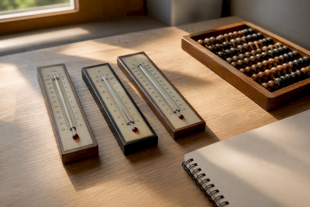 Three thermometers for Celsius, Fahrenheit, Kelvin scales